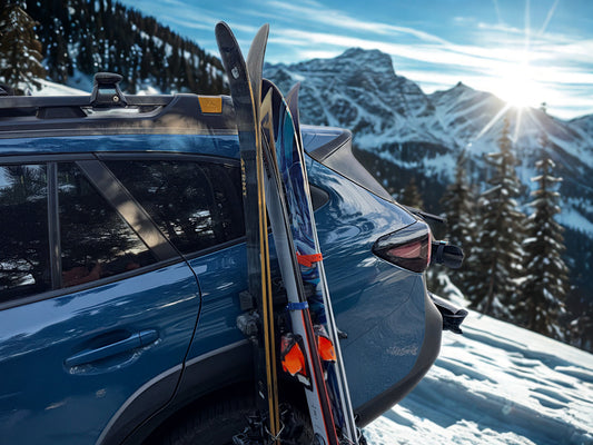 Powder Stash magnetic ski holder mounted on a steel vehicle panel
